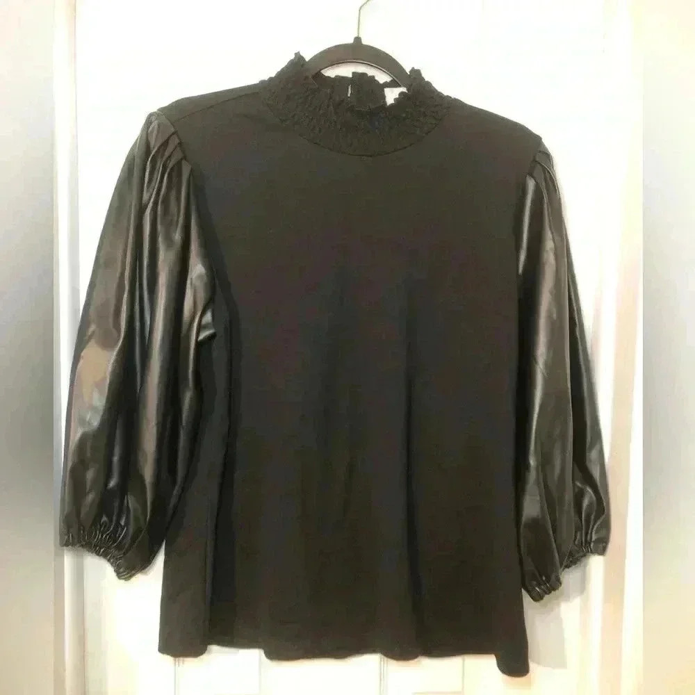 Black Mock Neck Bishop Sleeve Blouse - Picture 2 of 13